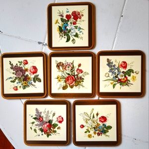 VINTAGE English Life six coasters, Made in England Floral Spray Cork Flowers
